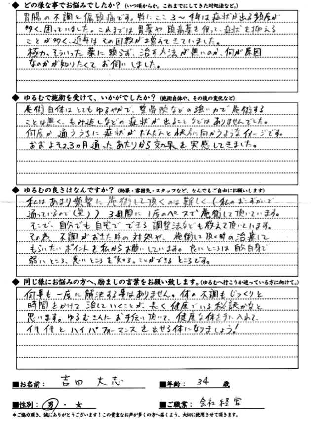 TYさん 30代男性 胃腸の不調・偏頭痛