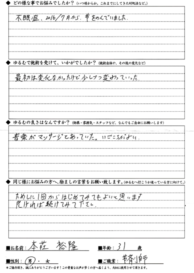 HHさん 30代男性 不眠症