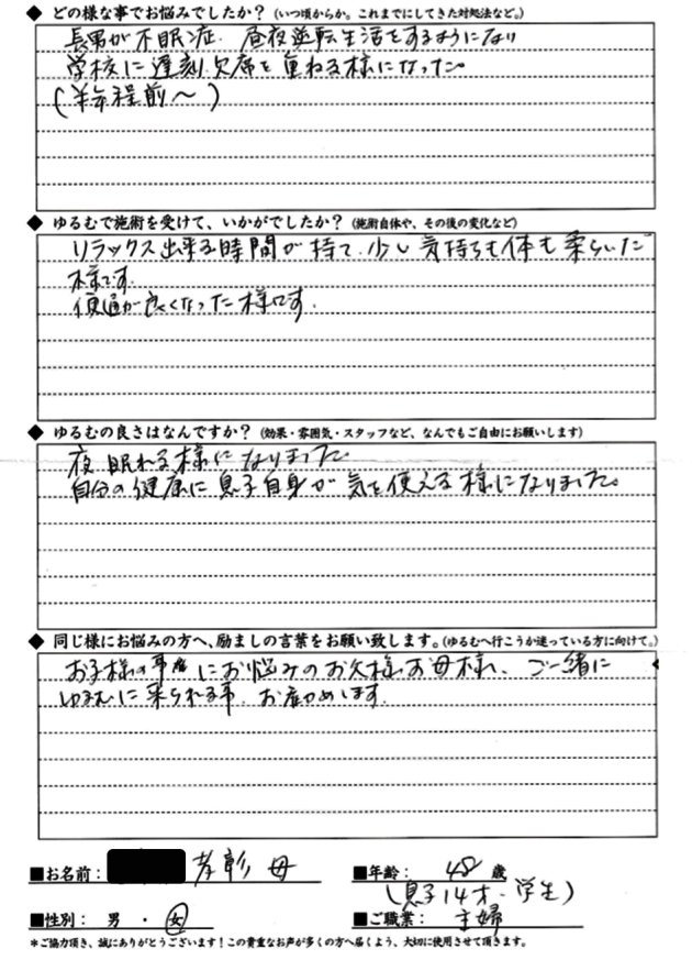 TS君 14歳男性 不眠症・朝起きれない