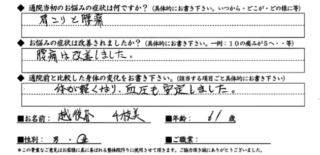 CEさん 60代女性 腰痛・血圧安定